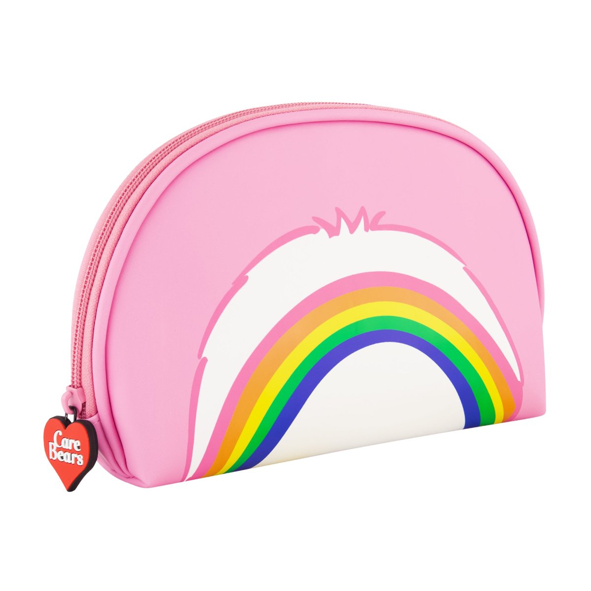 Pink Care Bears Cheer Bear 2-Piece Travel Cosmetic Case Set features a large cosmetic case adorned with the iconic Care Bears logo and an all-over Cheer Bear print, along with a smaller pouch showcasing a vibrant rainbow design. Both pieces are perfect for keeping your beauty essentials, toiletries, and accessories organized on the go, with charming heart-shaped Care Bears zipper pulls.