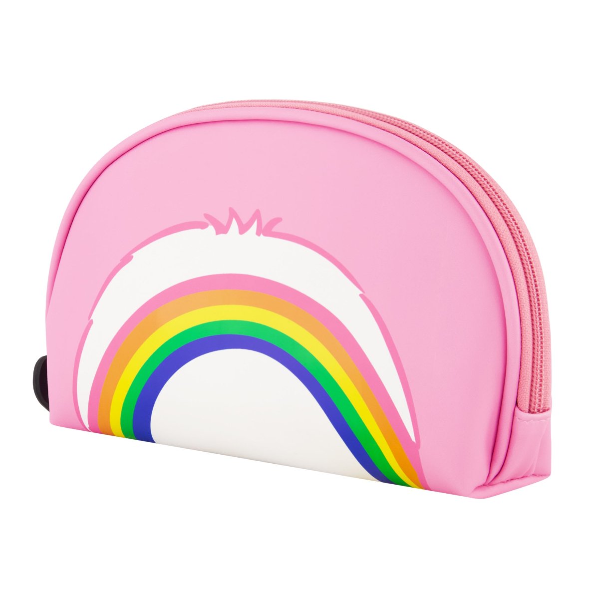 Pink Care Bears Cheer Bear 2-Piece Travel Cosmetic Case Set features a large cosmetic case adorned with the iconic Care Bears logo and an all-over Cheer Bear print, along with a smaller pouch showcasing a vibrant rainbow design. Both pieces are perfect for keeping your beauty essentials, toiletries, and accessories organized on the go, with charming heart-shaped Care Bears zipper pulls.
