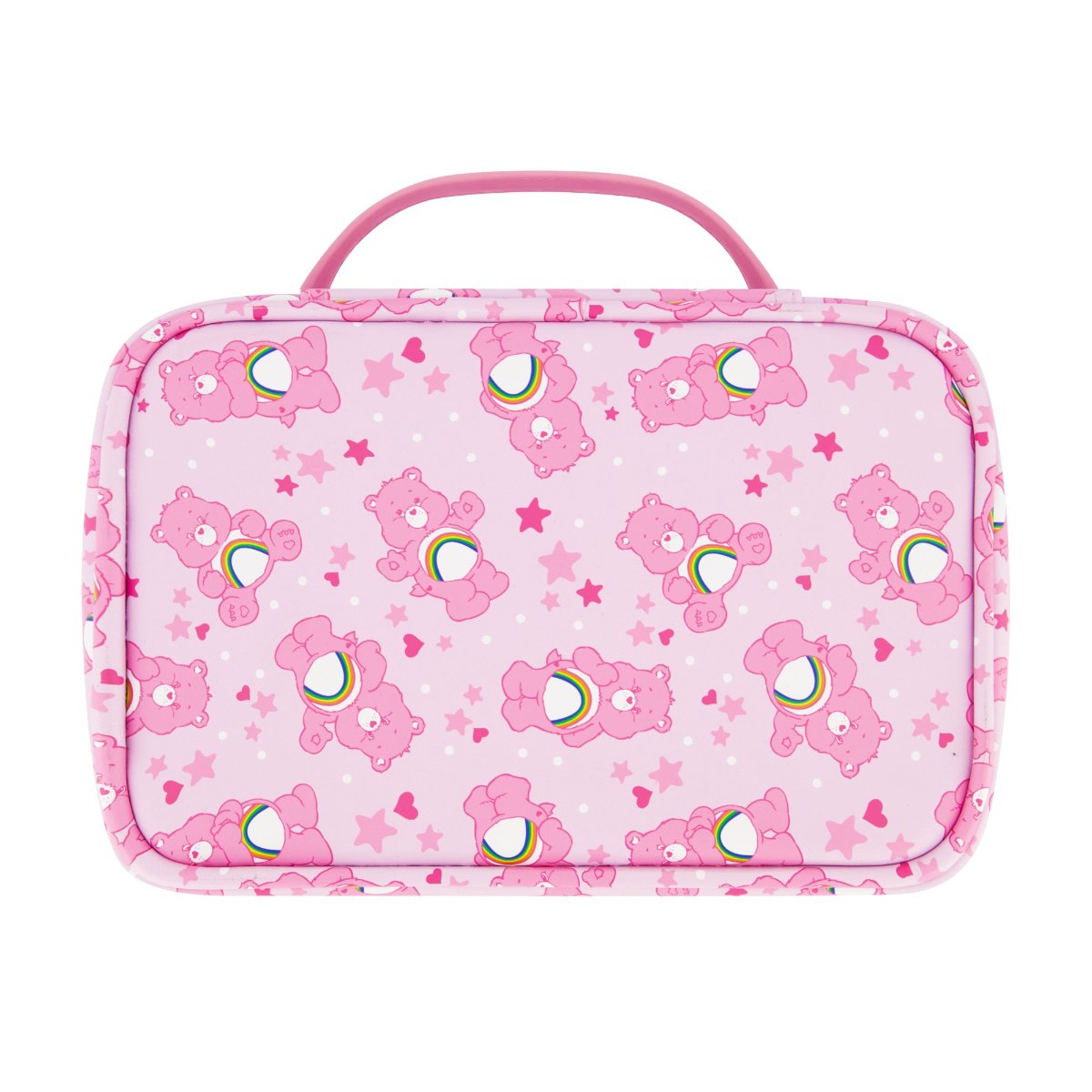 Pink Care Bears Cheer Bear 2-Piece Travel Cosmetic Case Set features a large cosmetic case adorned with the iconic Care Bears logo and an all-over Cheer Bear print, along with a smaller pouch showcasing a vibrant rainbow design. Both pieces are perfect for keeping your beauty essentials, toiletries, and accessories organized on the go, with charming heart-shaped Care Bears zipper pulls.