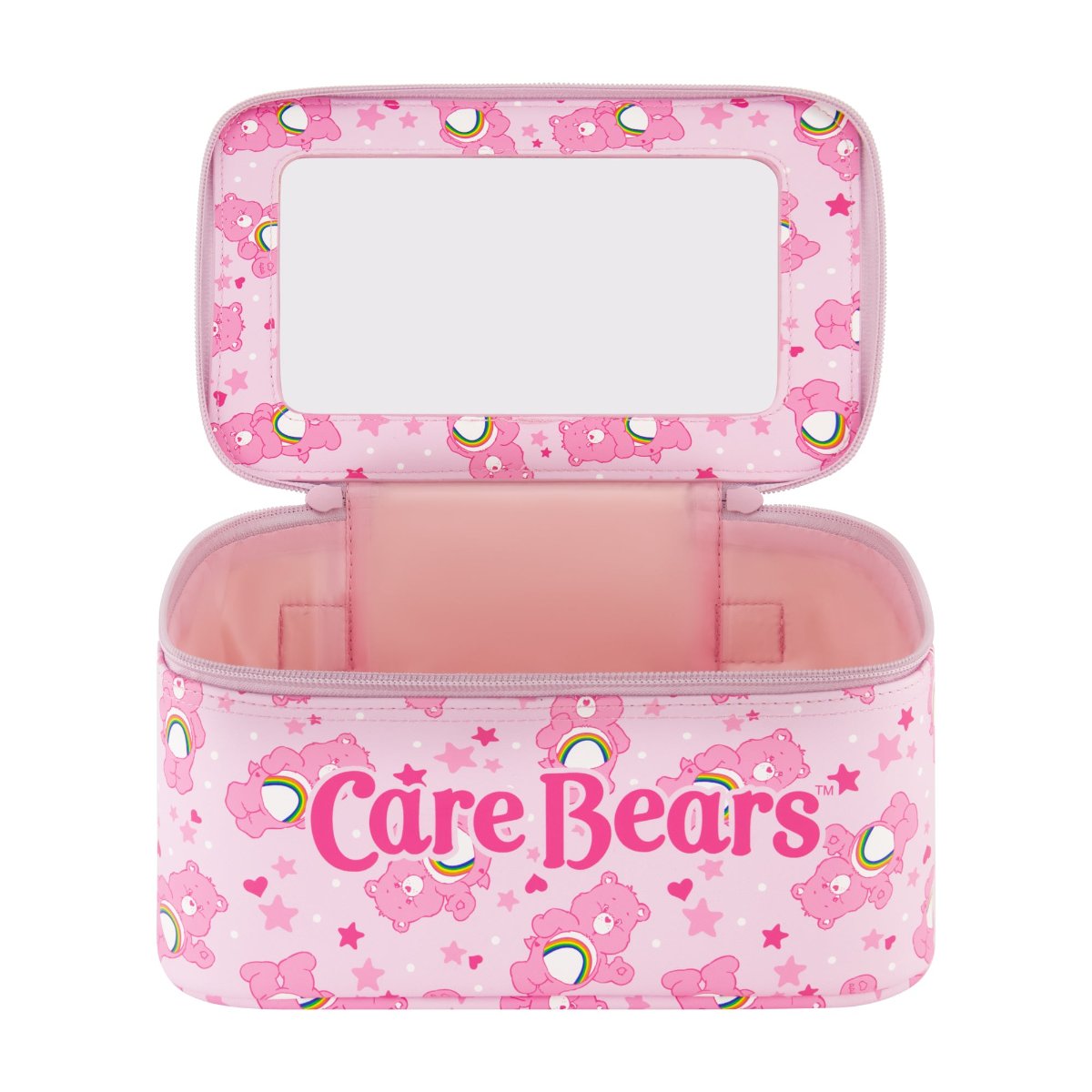 Pink Care Bears Cheer Bear 2-Piece Travel Cosmetic Case Set features a large cosmetic case adorned with the iconic Care Bears logo and an all-over Cheer Bear print, along with a smaller pouch showcasing a vibrant rainbow design. Both pieces are perfect for keeping your beauty essentials, toiletries, and accessories organized on the go, with charming heart-shaped Care Bears zipper pulls.
