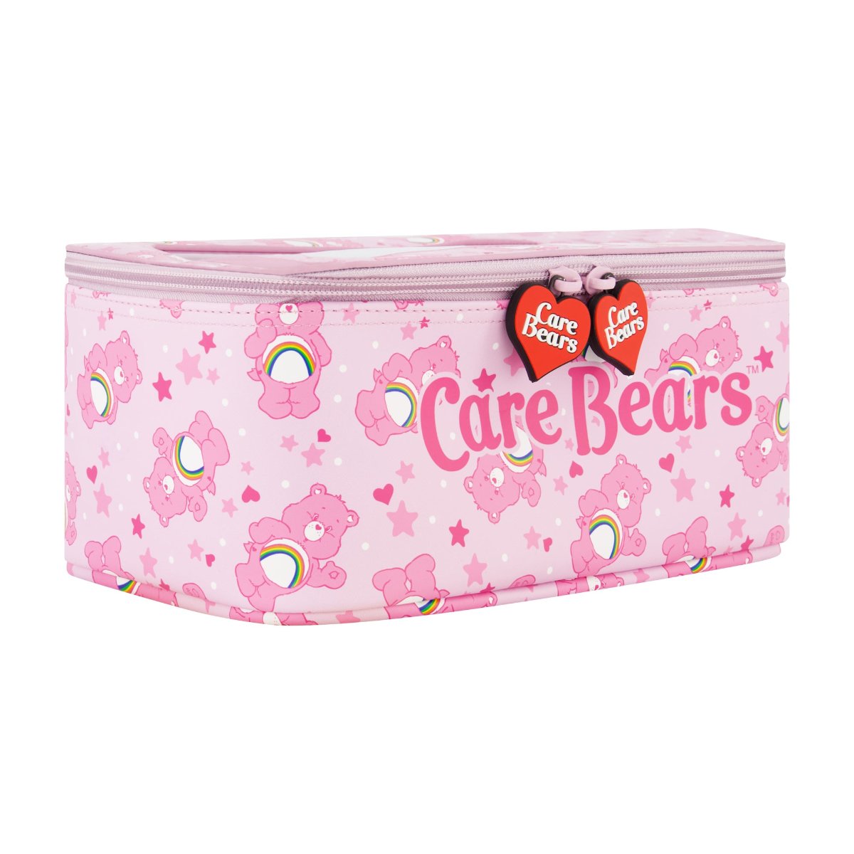 Pink Care Bears Cheer Bear 2-Piece Travel Cosmetic Case Set features a large cosmetic case adorned with the iconic Care Bears logo and an all-over Cheer Bear print, along with a smaller pouch showcasing a vibrant rainbow design. Both pieces are perfect for keeping your beauty essentials, toiletries, and accessories organized on the go, with charming heart-shaped Care Bears zipper pulls.