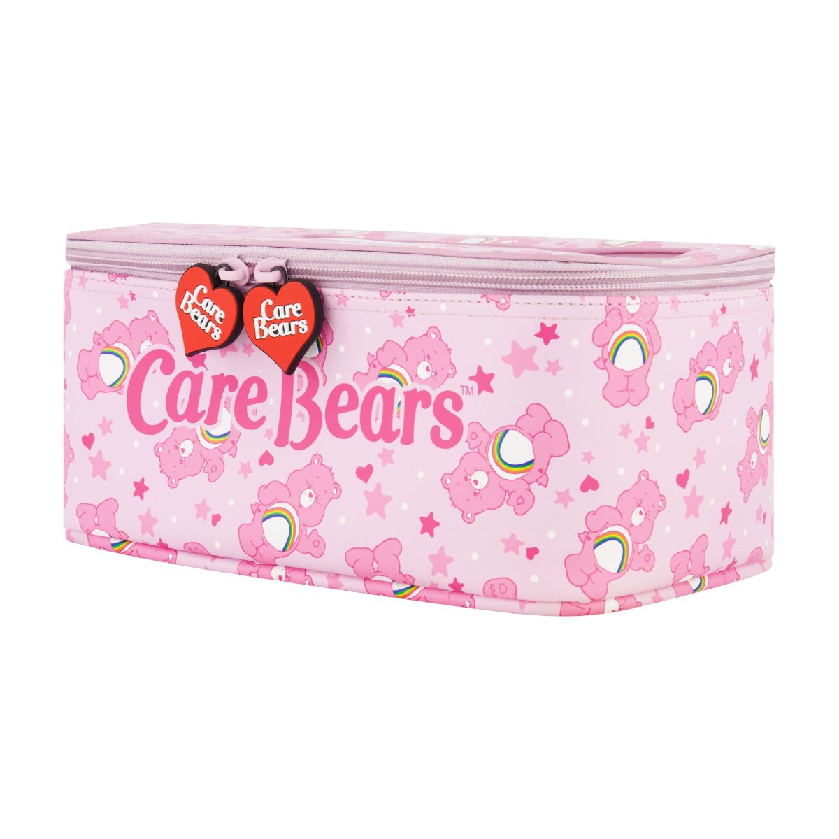Pink Care Bears Cheer Bear 2-Piece Travel Cosmetic Case Set features a large cosmetic case adorned with the iconic Care Bears logo and an all-over Cheer Bear print, along with a smaller pouch showcasing a vibrant rainbow design. Both pieces are perfect for keeping your beauty essentials, toiletries, and accessories organized on the go, with charming heart-shaped Care Bears zipper pulls.