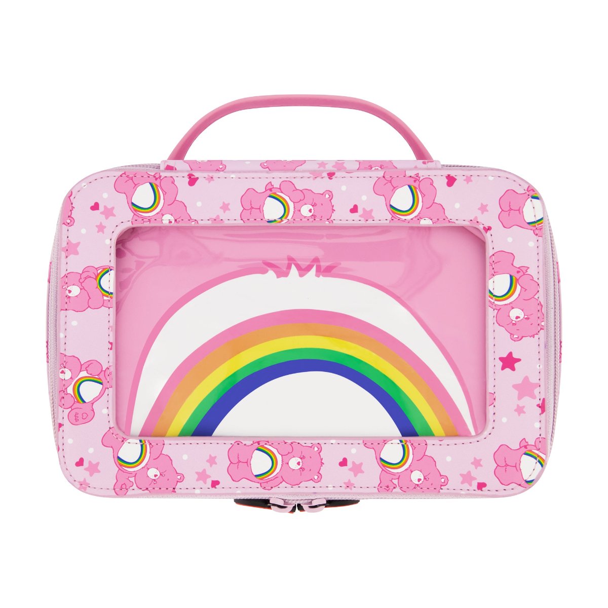 Pink Care Bears Cheer Bear 2-Piece Travel Cosmetic Case Set features a large cosmetic case adorned with the iconic Care Bears logo and an all-over Cheer Bear print, along with a smaller pouch showcasing a vibrant rainbow design. Both pieces are perfect for keeping your beauty essentials, toiletries, and accessories organized on the go, with charming heart-shaped Care Bears zipper pulls.