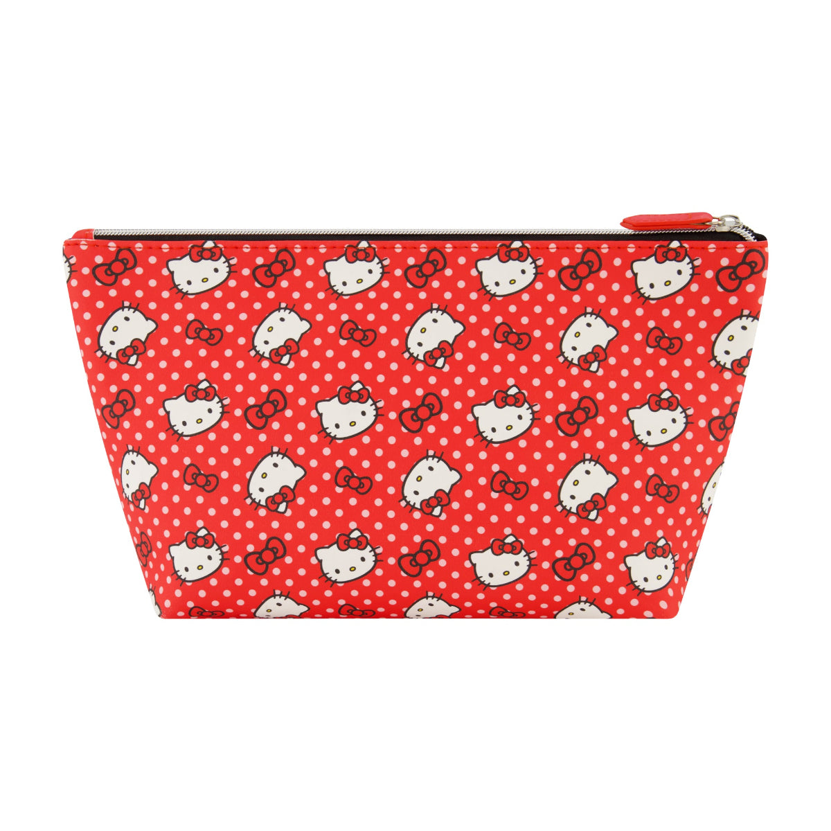 Sanrio Hello Kitty polka dot trapezoid cosmetic travel bag featuring a vibrant red background with an adorable all-over Hello Kitty and bow print