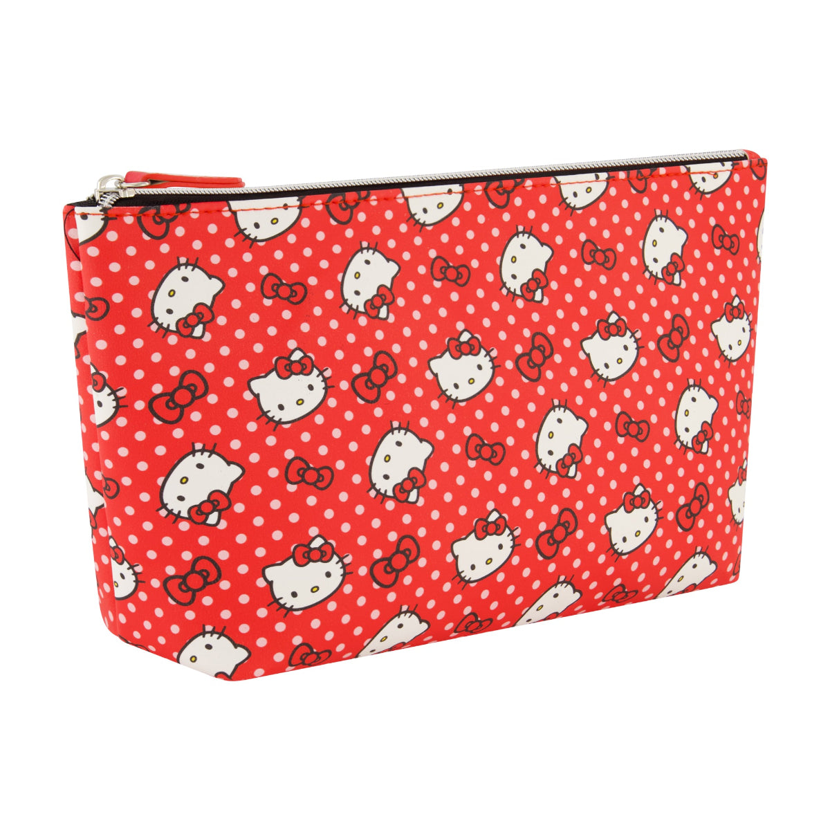 Sanrio Hello Kitty polka dot trapezoid cosmetic travel bag featuring a vibrant red background with an adorable all-over Hello Kitty and bow print