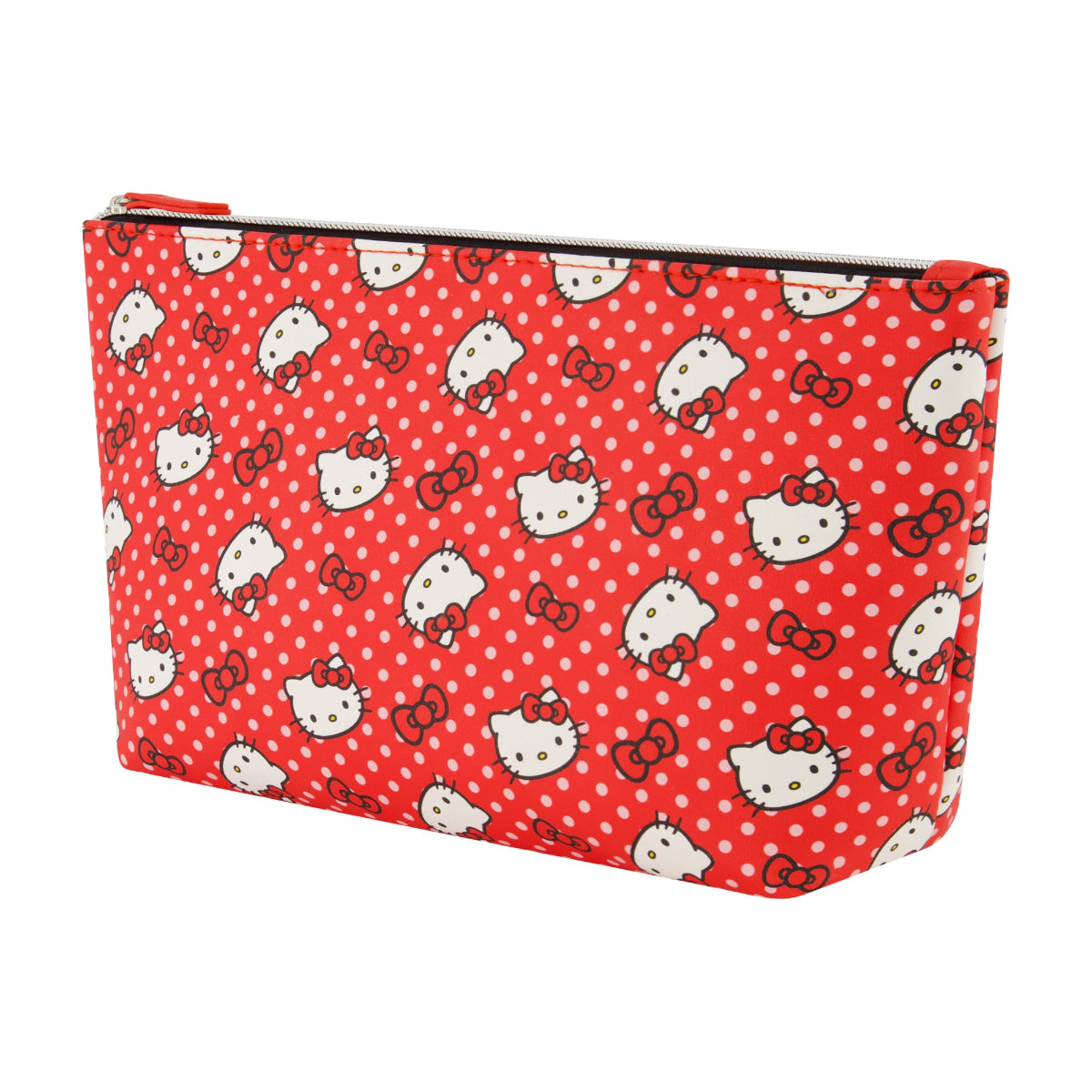 Sanrio Hello Kitty polka dot trapezoid cosmetic travel bag featuring a vibrant red background with an adorable all-over Hello Kitty and bow print