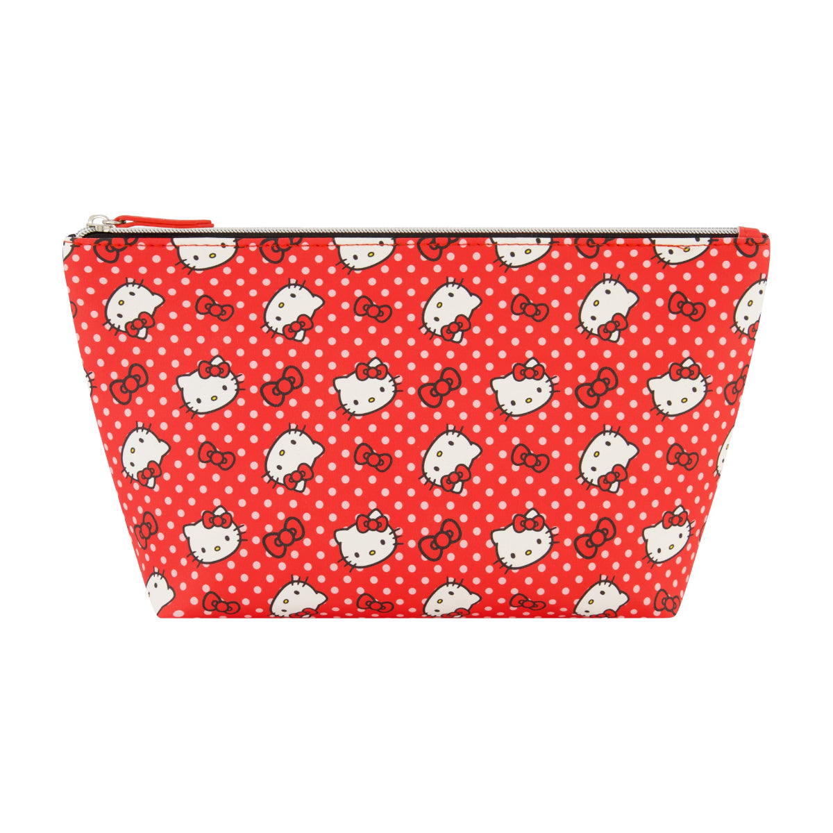 Sanrio Hello Kitty polka dot trapezoid cosmetic travel bag featuring a vibrant red background with an adorable all-over Hello Kitty and bow print