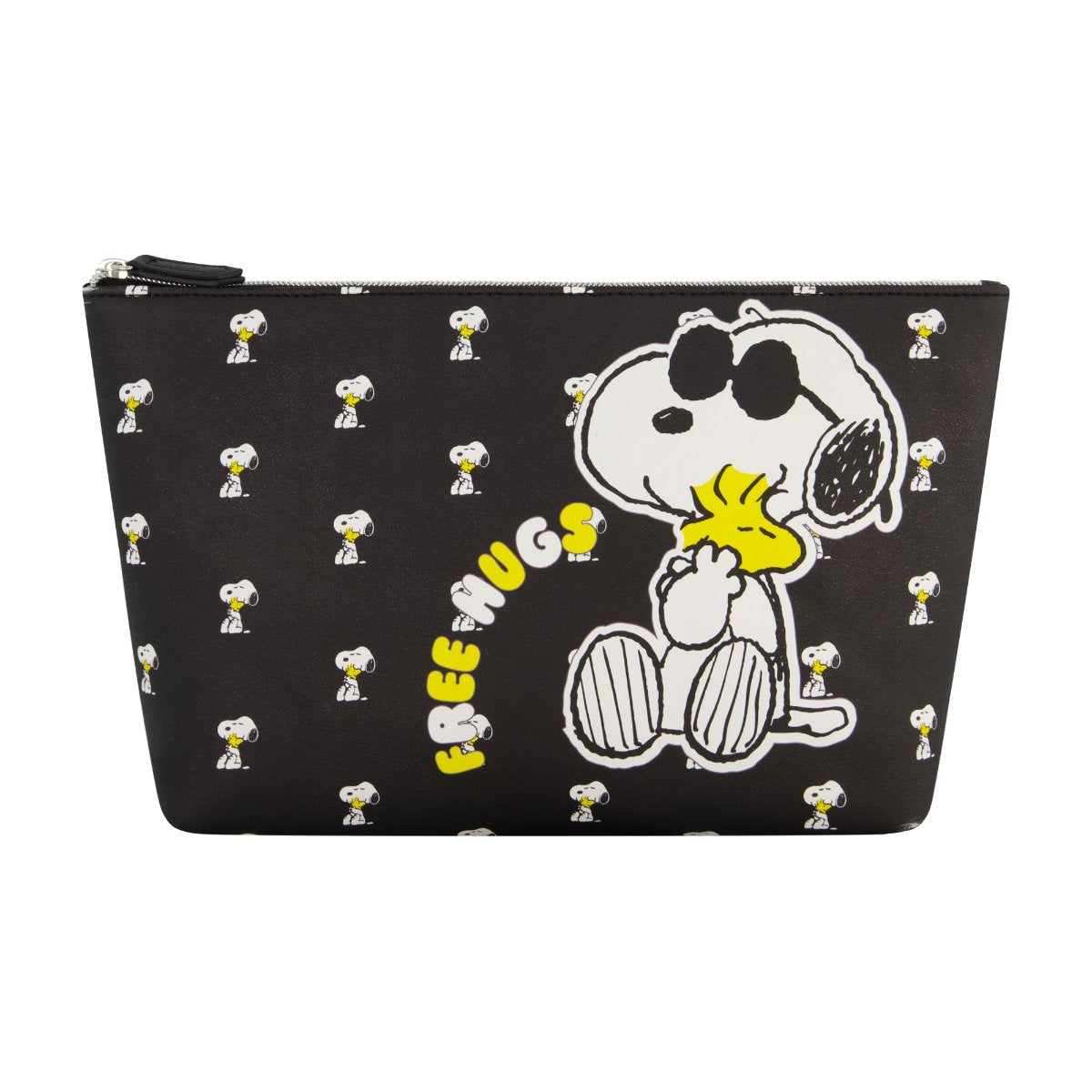 Sleek Black backdrop with Snoopy hugging Woodstock "Free Hugs" and mini icons all over spacious travel cosmetic bag