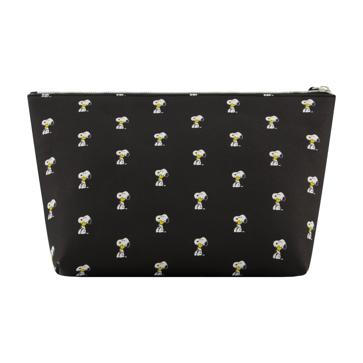 Sleek Black backdrop with Snoopy hugging Woodstock "Free Hugs" and mini icons all over spacious travel cosmetic bag back view