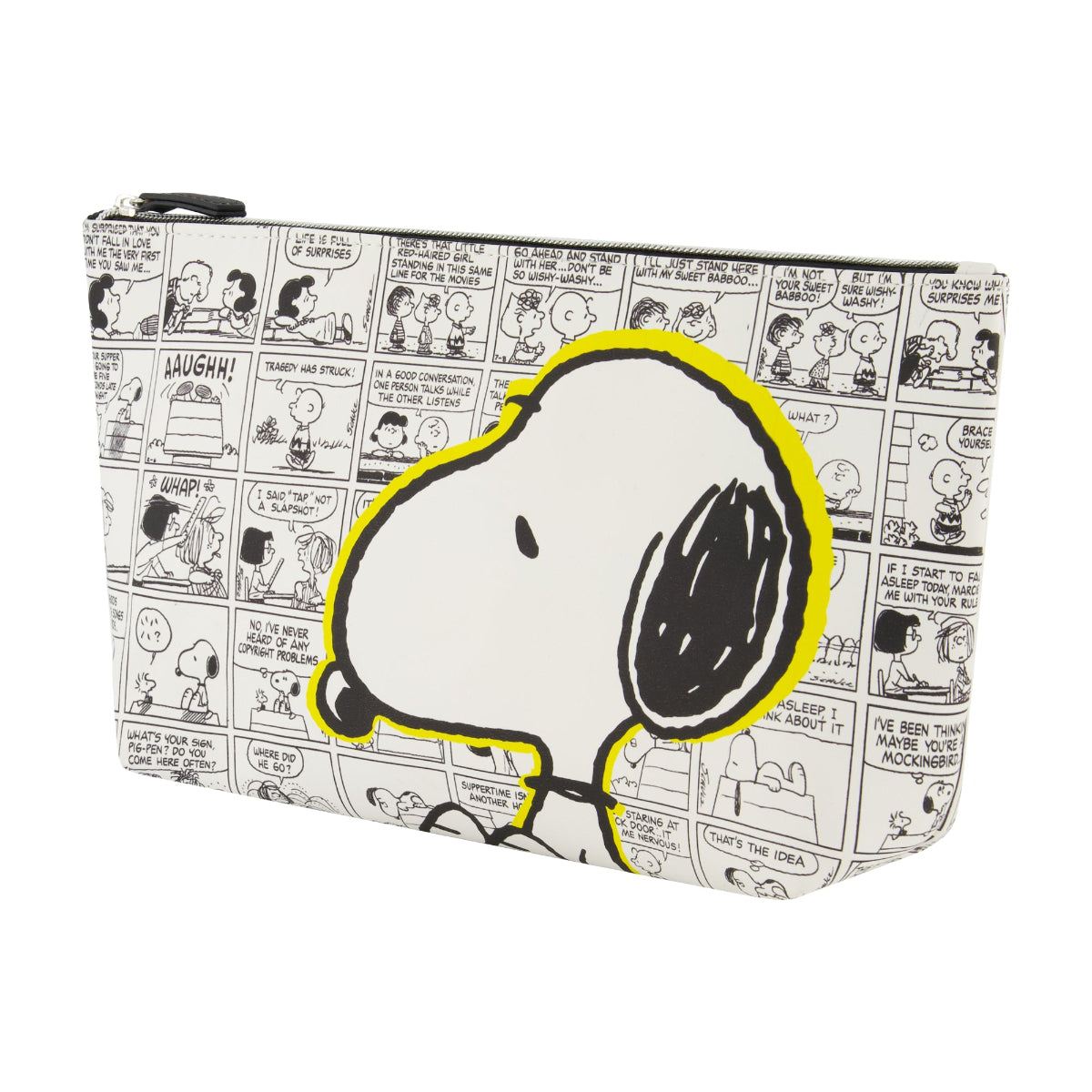 Snoopy Comic Strip Cosmetic Bag designed with an all-over comic print and a bold Snoopy graphic