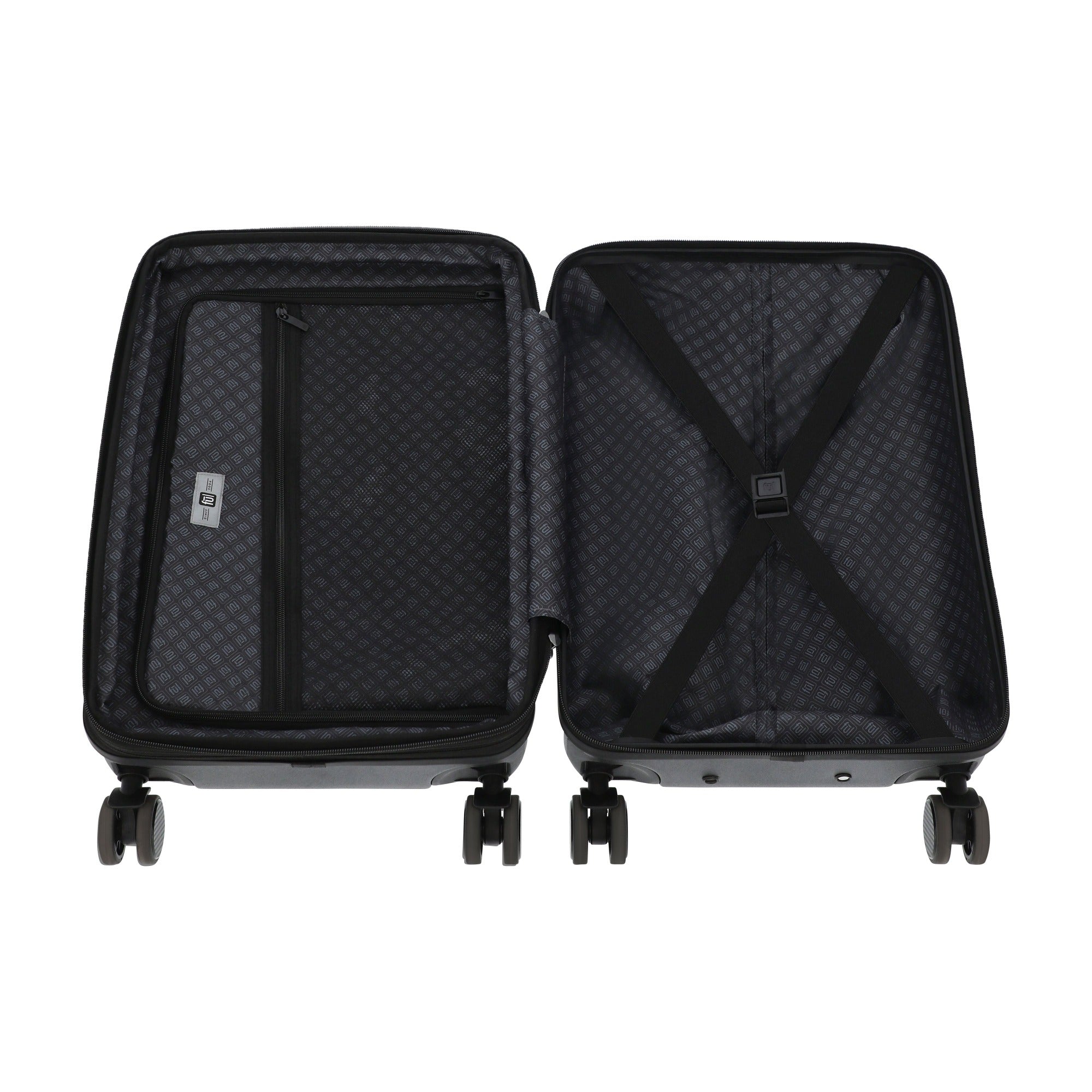 Black AC/DC 22.5" spinner suitcase carry-on luggage hardside with interior compartments & straps by Ful