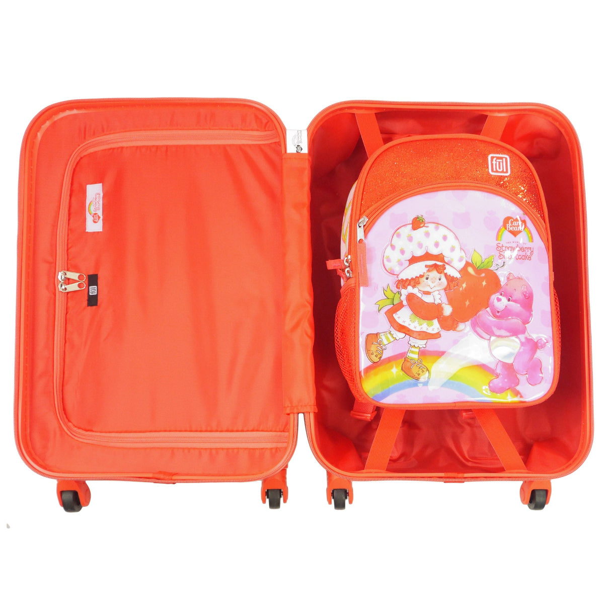 Make every adventure sweet with the Strawberry Shortcake and Care Bears 2-Piece Travel Set by Ful, a 21" rolling suitcase with a matching 13" backpack.