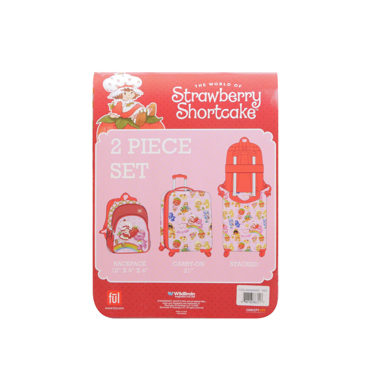 Make every adventure sweet with the Strawberry Shortcake and Care Bears 2-Piece Travel Set by Ful, a 21" rolling suitcase with a matching 13" backpack.