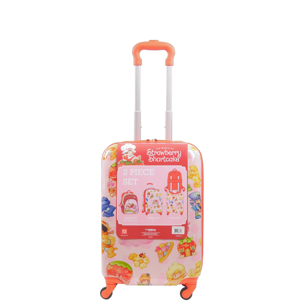 Make every adventure sweet with the Strawberry Shortcake and Care Bears 2-Piece Travel Set by Ful, a 21" rolling suitcase with a matching 13" backpack.