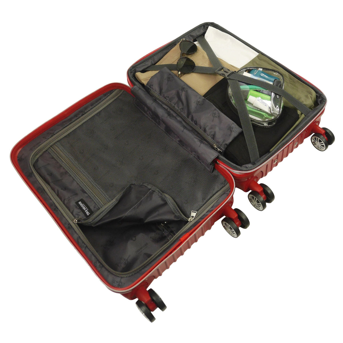 True Religion 22.5" Iconic Big Logo red checkered carry-on hard sided expandable luggage suitcase durable, fast and effort-free transportation with 360° spinner wheels. Officially licensed True Religion. Interior capacity.