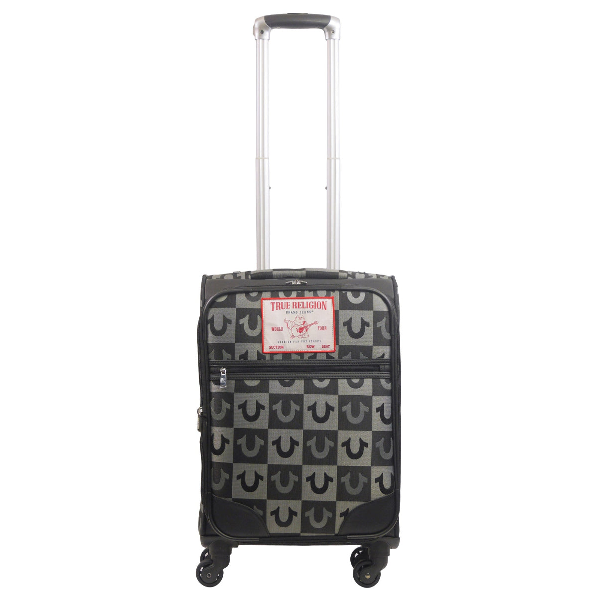 True Religion 23" black soft-sided expandable suitcase spinner luggage, featuring its iconic logos in a checkered pattern and the signature Buddha patch. Front view.