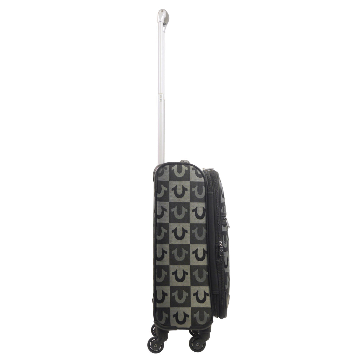 True Religion 23" black soft-sided expandable suitcase spinner luggage, featuring its iconic logos in a checkered pattern and the signature Buddha patch. Side view.