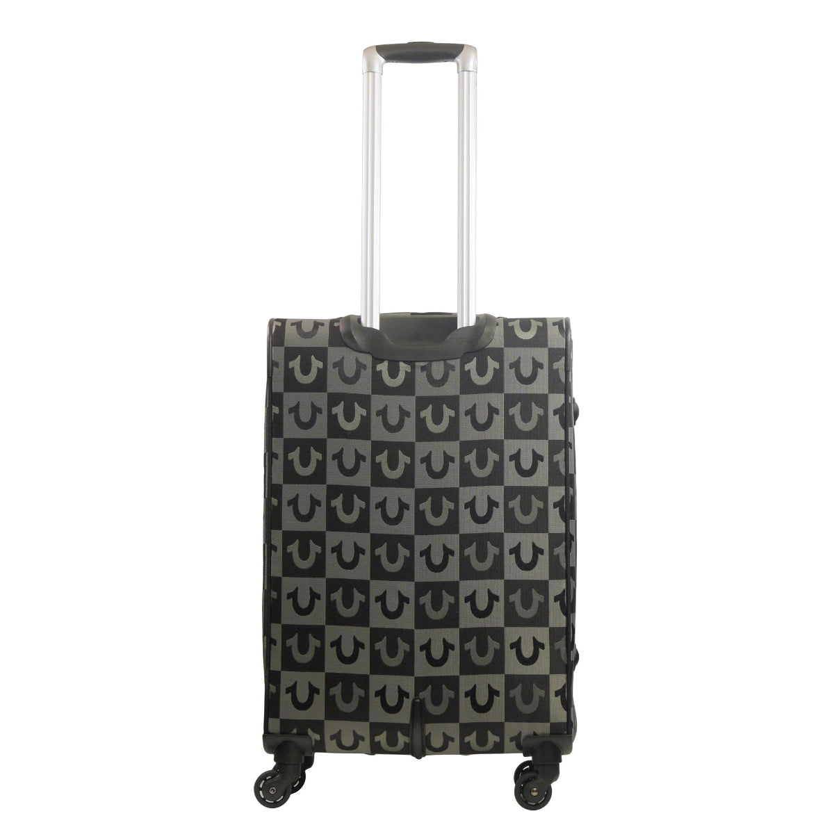 True Religion 27" black soft-sided expandable suitcase spinner luggage, featuring its iconic logos in a checkered pattern and the signature Buddha patch. Black view