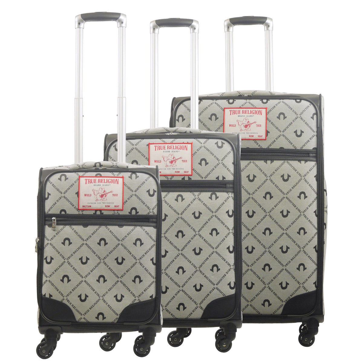 True Religion 3-piece black soft-sided expandable suitcase spinner luggage set features iconic logos in a monogram and the signature Buddha patch. Front view.