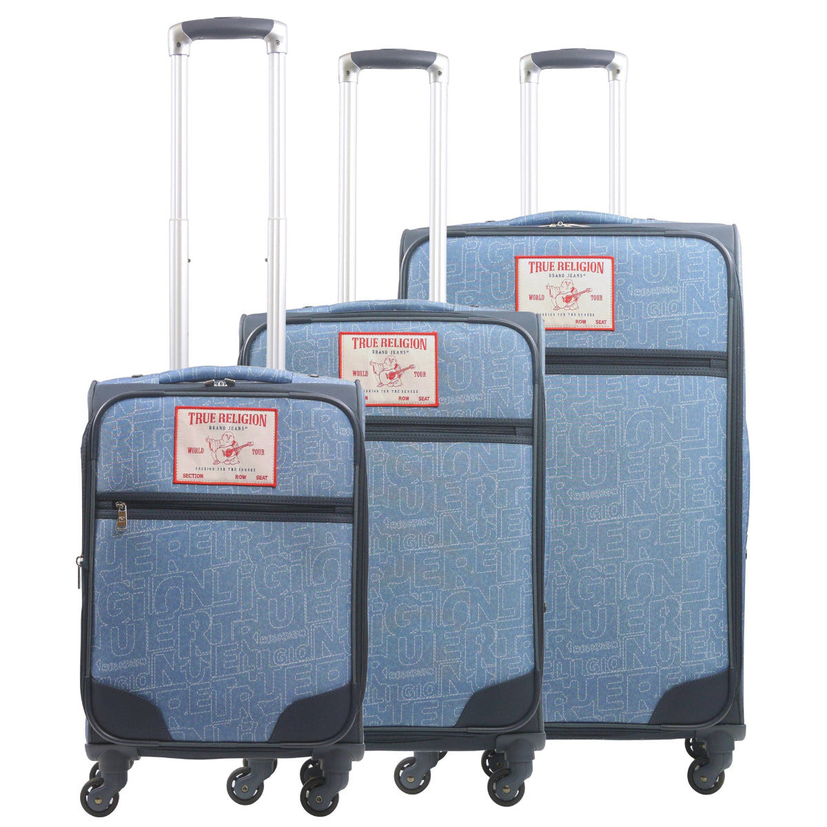 True Religion blue soft-sided 3-piece expandable suitcase spinner luggage set, featuring a denim-inspired print and the signature Buddha patch. Front view.