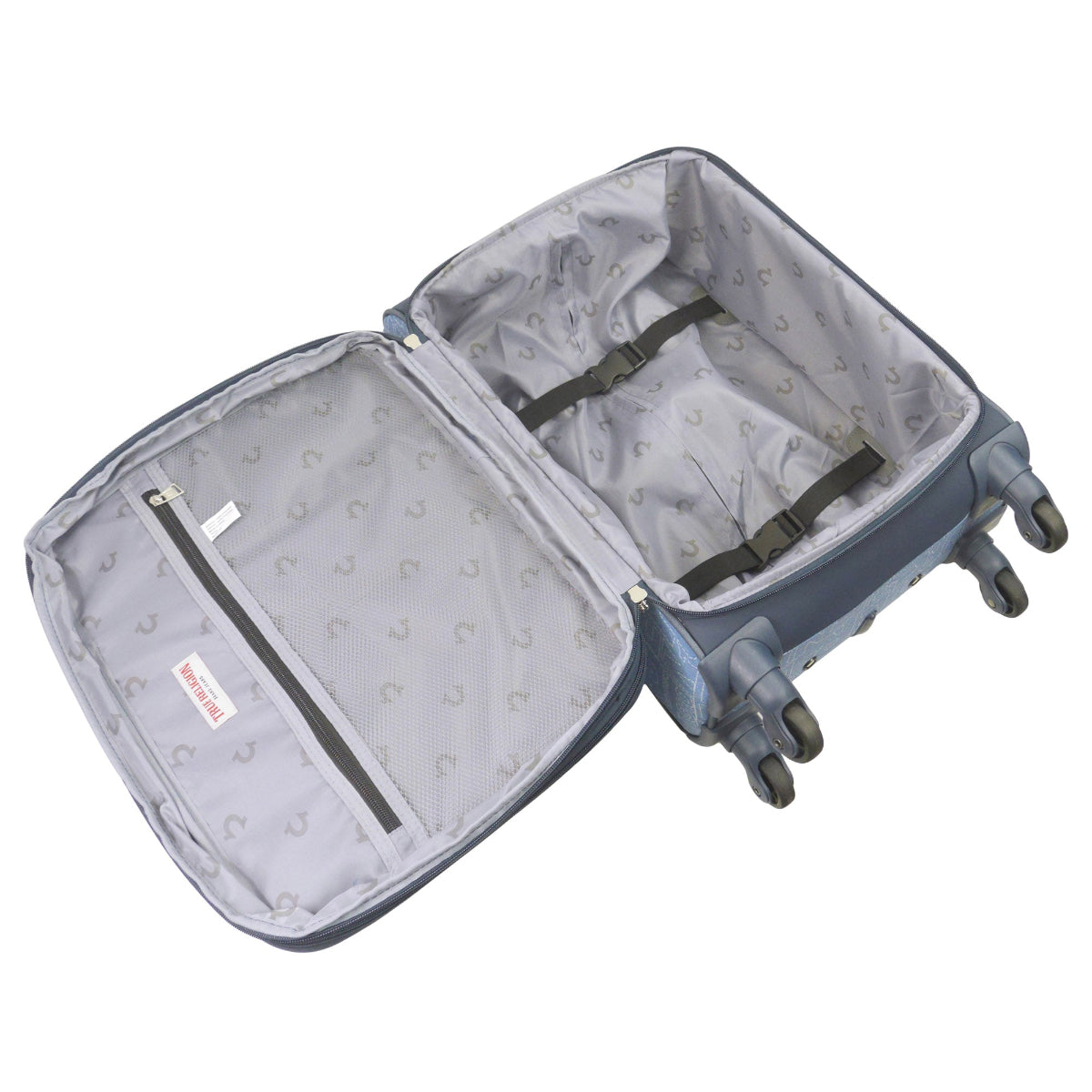 True Religion blue soft-sided 3-piece expandable suitcase spinner luggage set, featuring a denim-inspired print and the signature Buddha patch. Interior capacity
