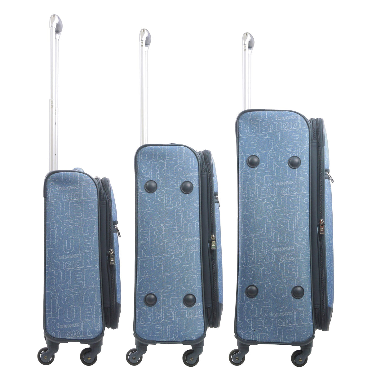 True Religion blue soft-sided 3-piece expandable suitcase spinner luggage set, featuring a denim-inspired print and the signature Buddha patch. Side view.
