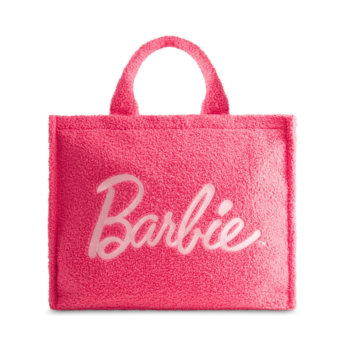Hot pink Barbie large sherpa tote bag with trolley strap