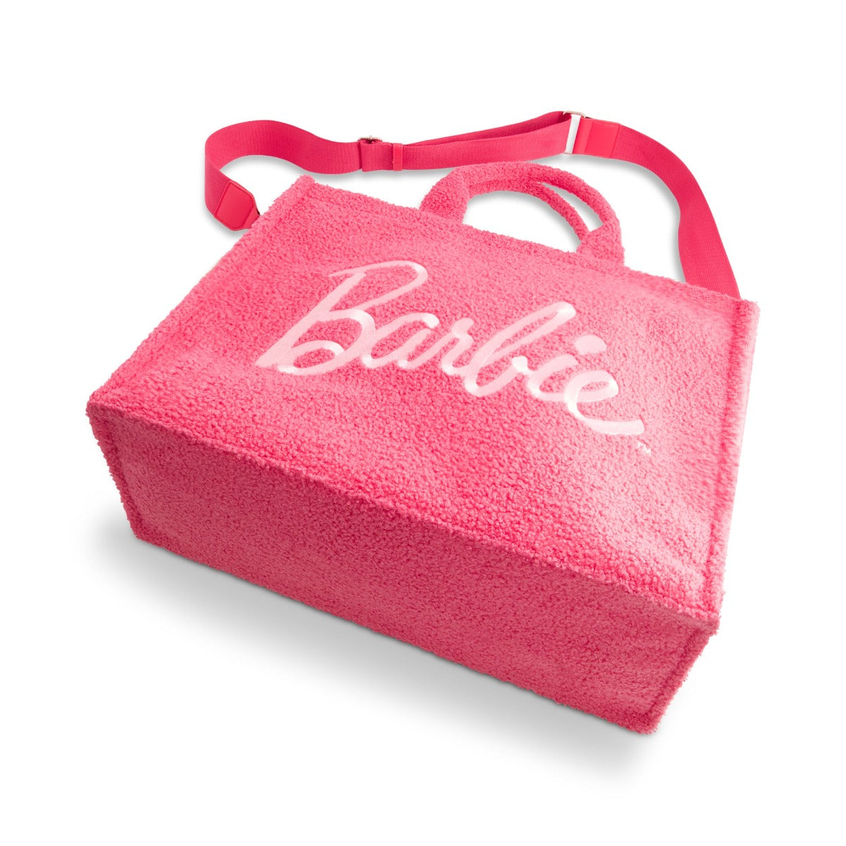 Pink Barbie large sherpa tote bag with trolley strap