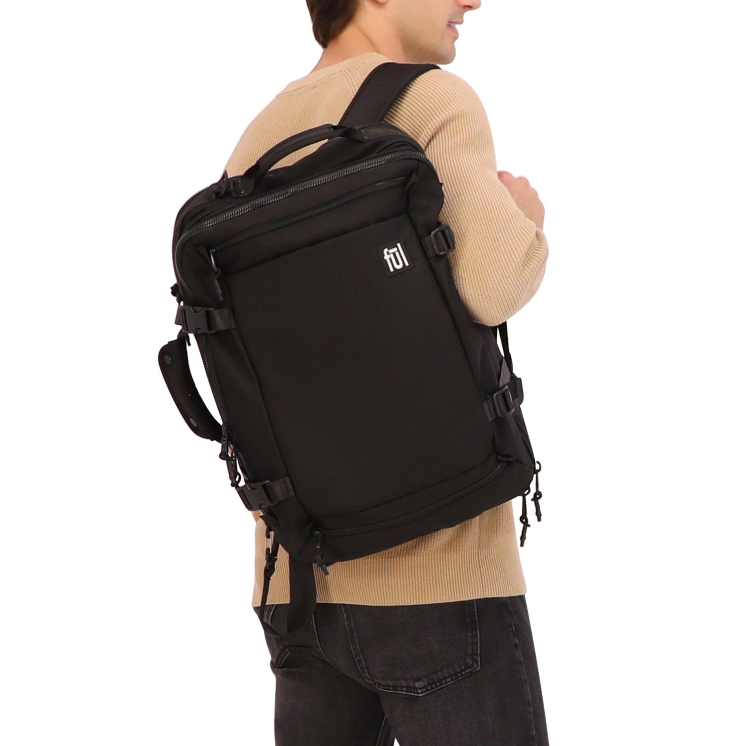 Black travel backpack with multiple sections, side handle, Ful Backpacks