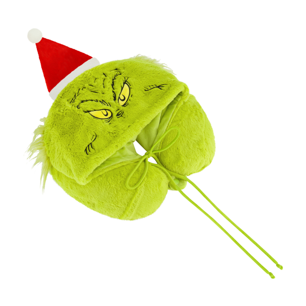 Angled green faux fur Grinch Santa hat hooded travel neck pillow