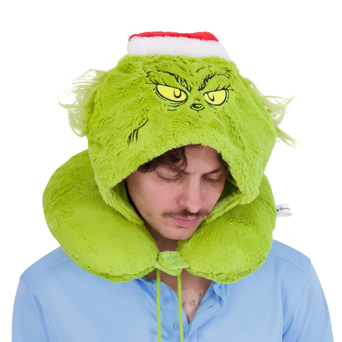 Green faux fur Grinch Santa hat hooded travel neck pillow