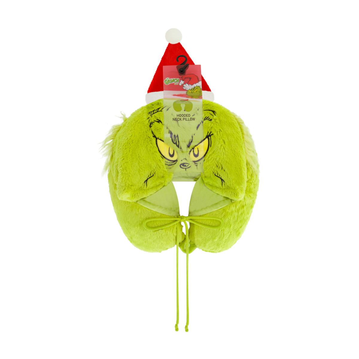 Green faux fur Grinch Santa hat hooded travel neck pillow