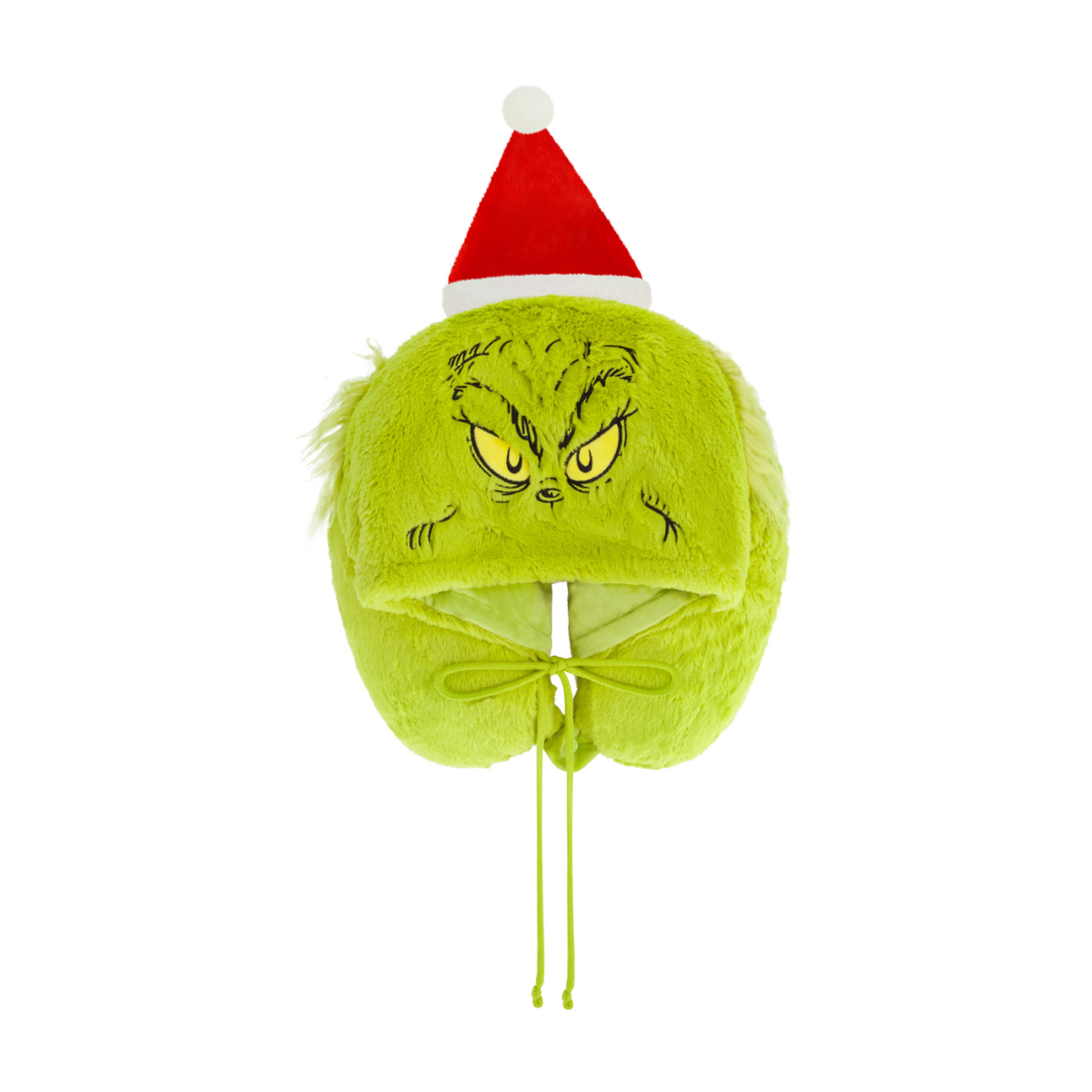 Green faux fur Grinch Santa hat hooded travel neck pillow