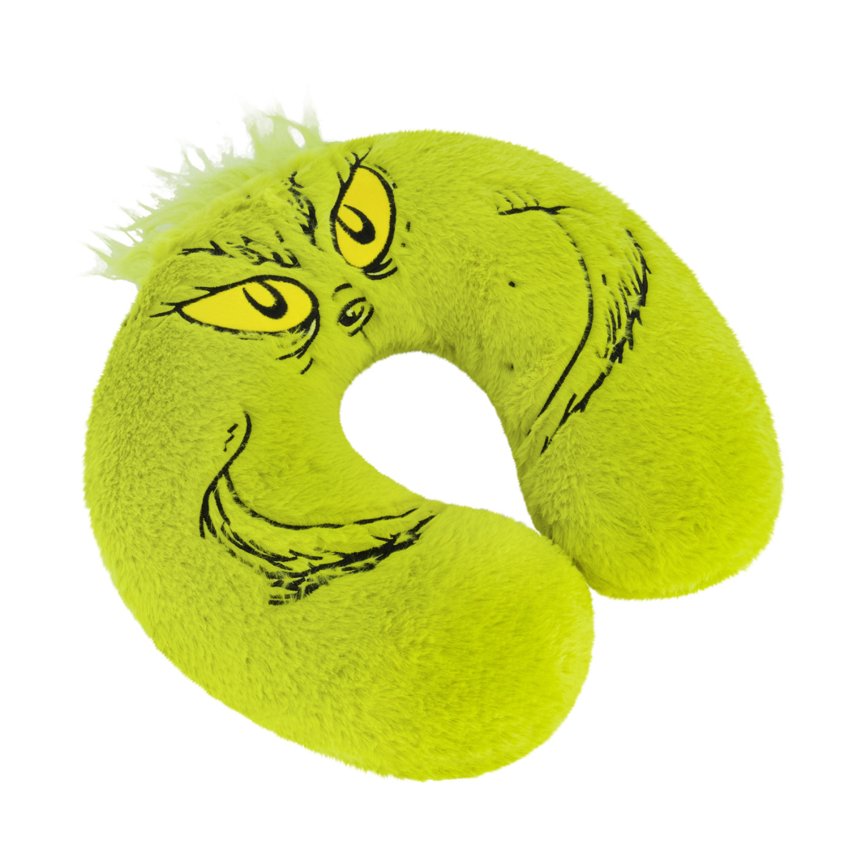 Angled green Grinch Big Face, the best travel neck pillow for travelling.