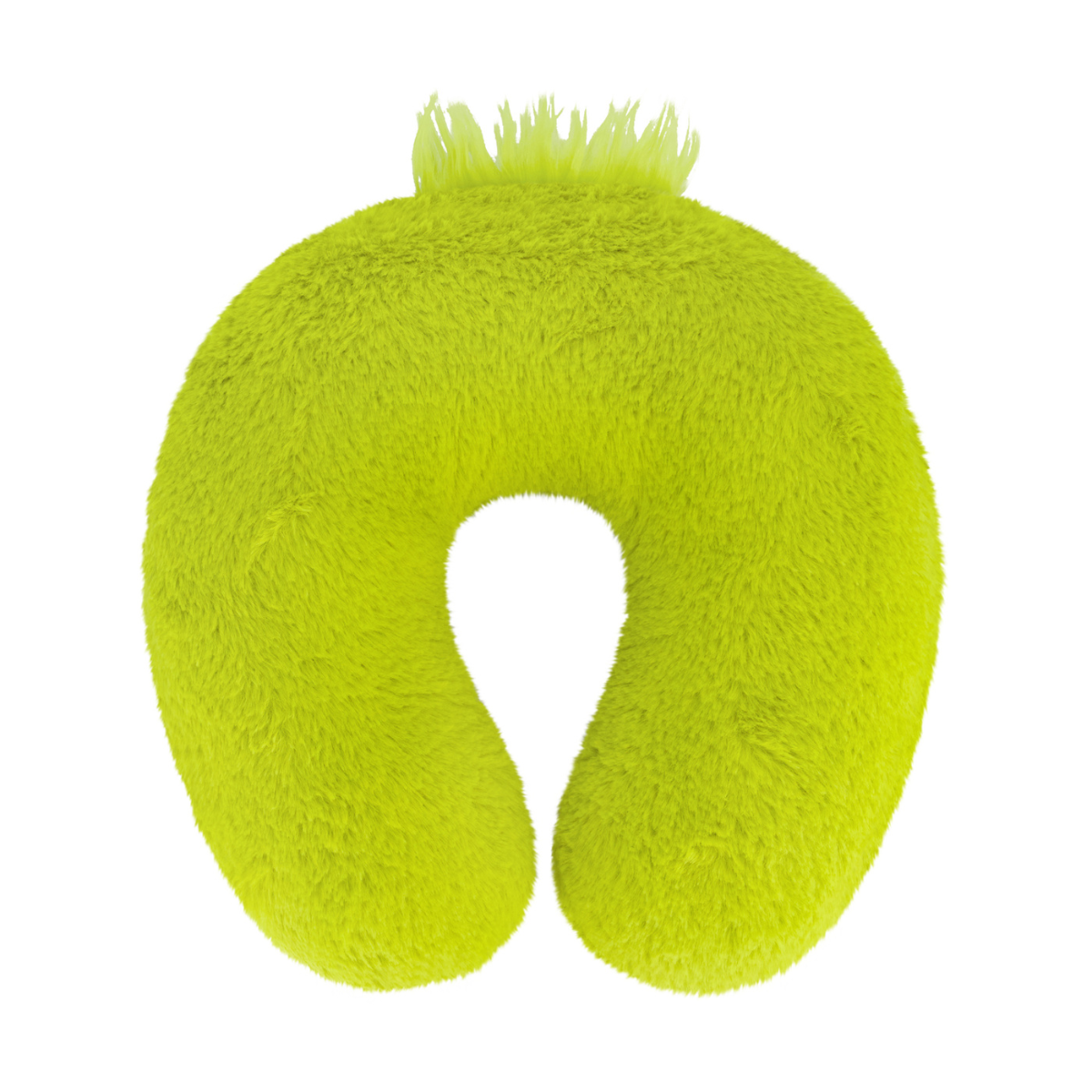 Back of green faux fur Grinch Big Face, the best travel neck pillow