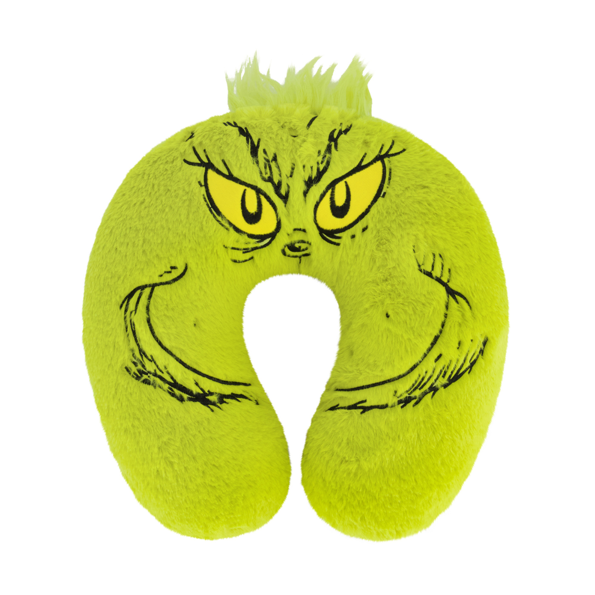 Green faux fur Grinch big face, the best travel neck pillow.