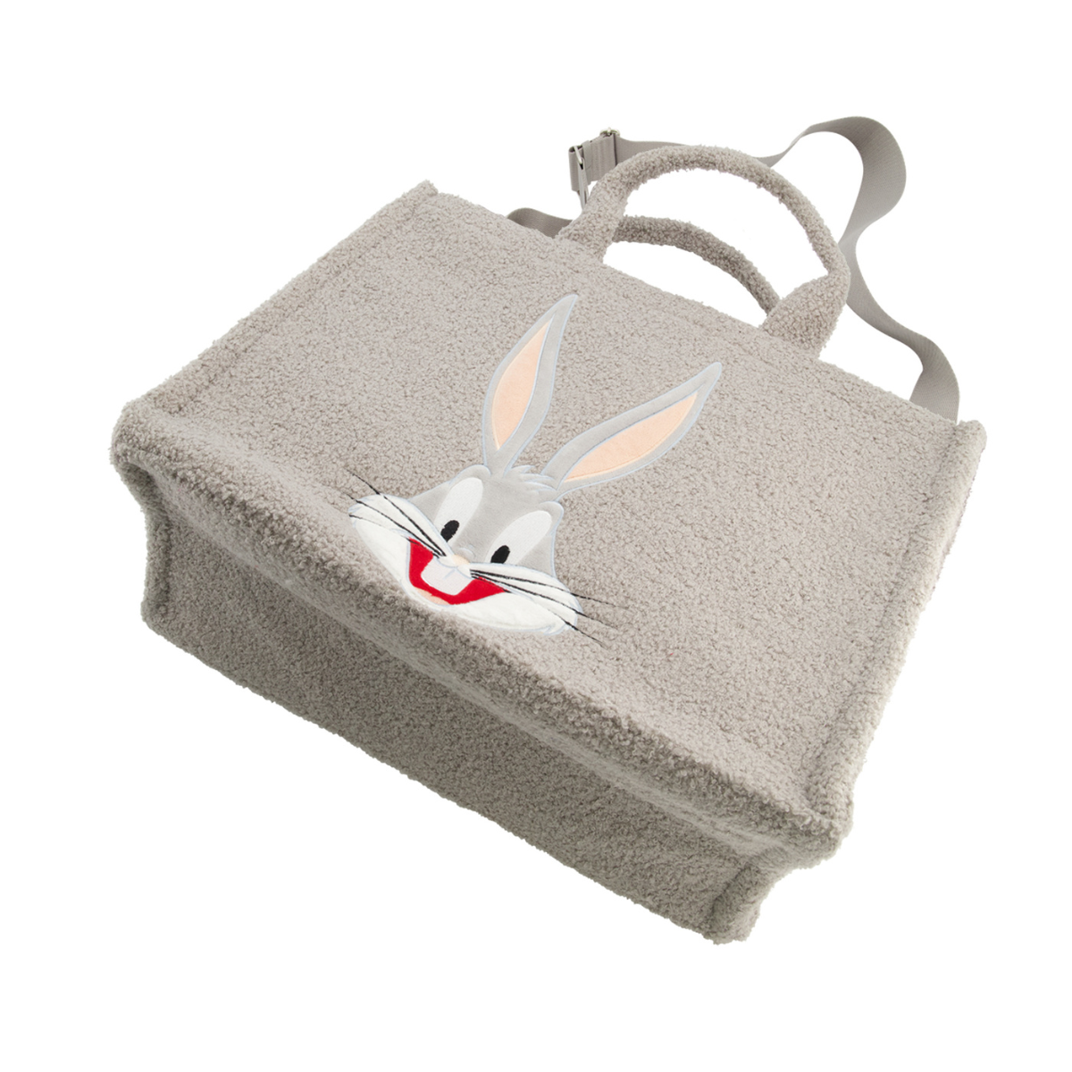 Gray Looney Tunes Bugs Bunny Sherpa Travel Tote and adjustable removable shoulder strap