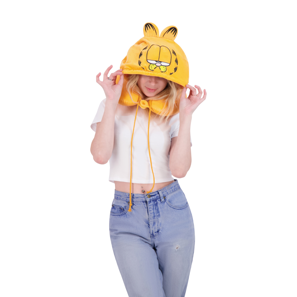 Orange Garfield hooded travel neck pillow with ears for traveling