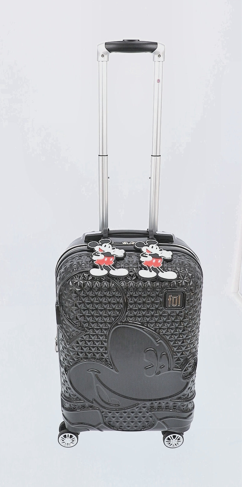 Black Disney Mickey Mouse textured raised shape 22.5" carry-on hardside spinner suitcase luggage with ID tags - best traveling suitcases for adults