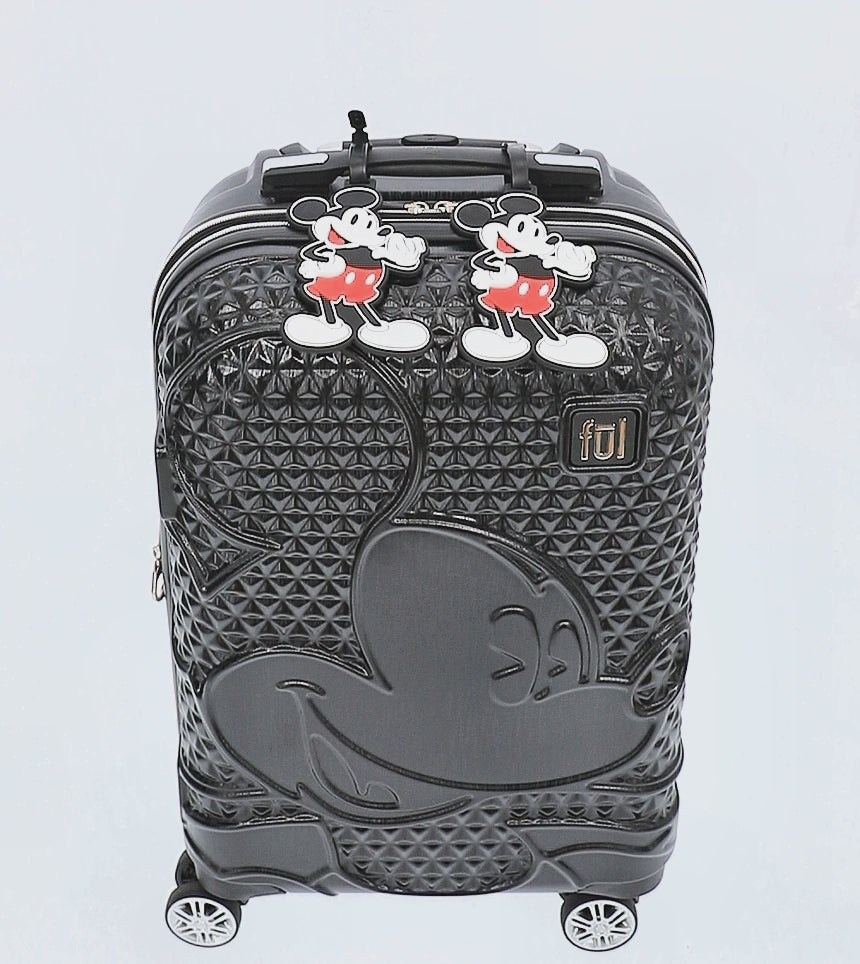 Black Disney Mickey Mouse textured raised shape 22.5 inch hardside spinner luggage with ID tags - best carry-on suitcase for kids