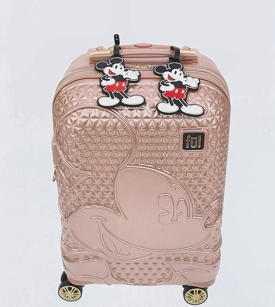 Rose gold Ful Disney Mickey Mouse 22.5" carry-on hardside spinner luggage with 2 id tags - best hard shell suitcase for travel
