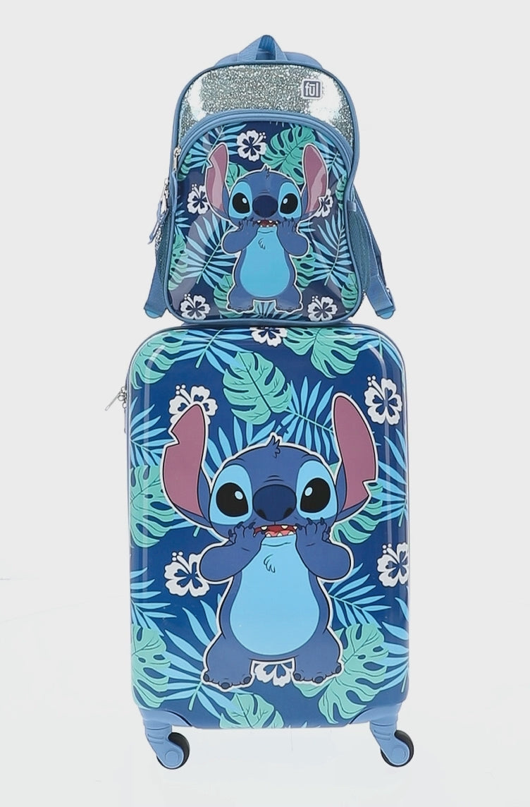 Disney Ful Stitch tropical leaves matching 2 piece set - 21" carry-on suitcase and 13" backpack for kids