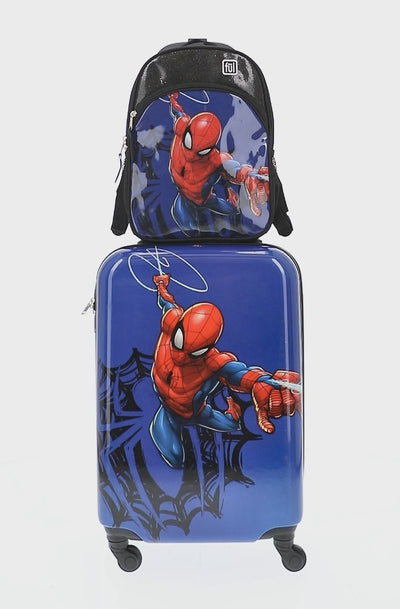 Blue Ful Marvel Spiderman Web matching 2 piece set with 21 inch carry-on suitcase and 13 inch underseat backpack for traveling kids