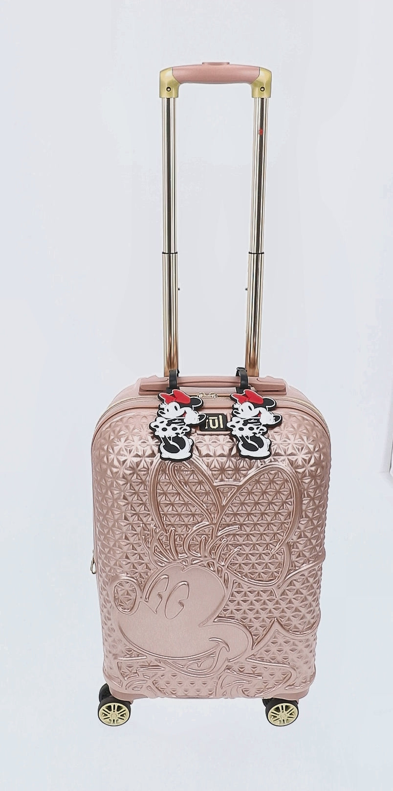 Rose gold Ful Disney Minnie Mouse textured 22.5" carry-on hardside spinner suitcase with 2 id tags - best hard shell luggage for travel