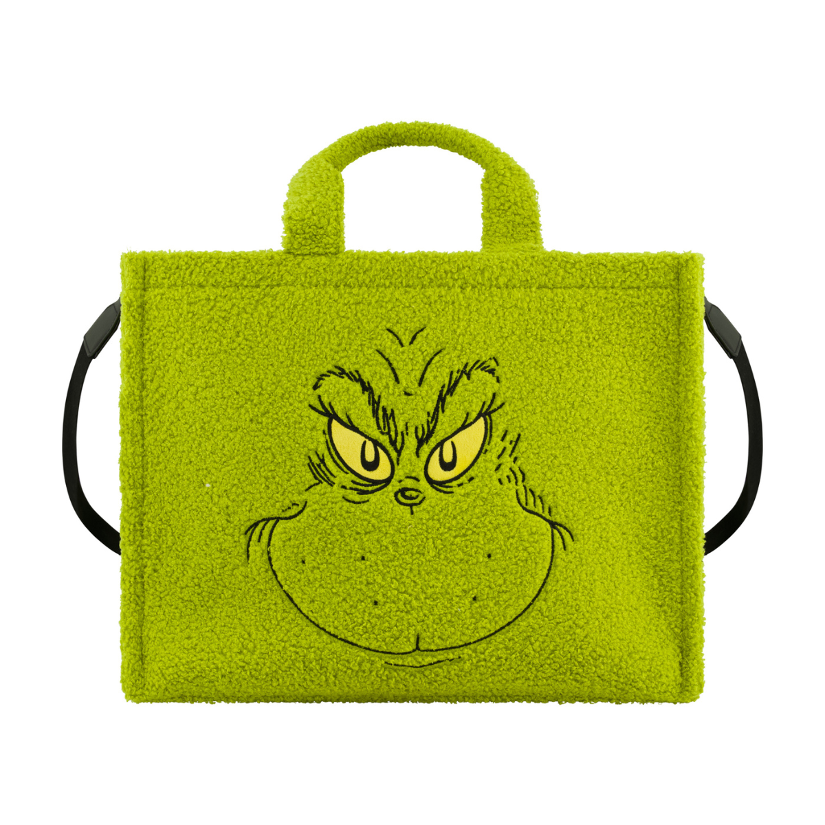 Dr. Seuss green Grinch big face sherpa travel tote with trolly band and adjustable removable shoulder strap.