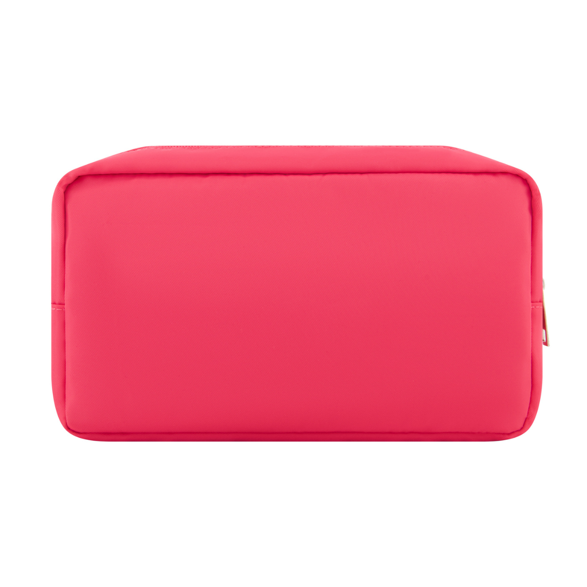 vibrant pink, compact and stylish bag adorned with adorable terry appliqués featuring iconic Barbie symbols, including a heart with "Barbie" name, classic silhouette, and the signature B logo with zip closure back view