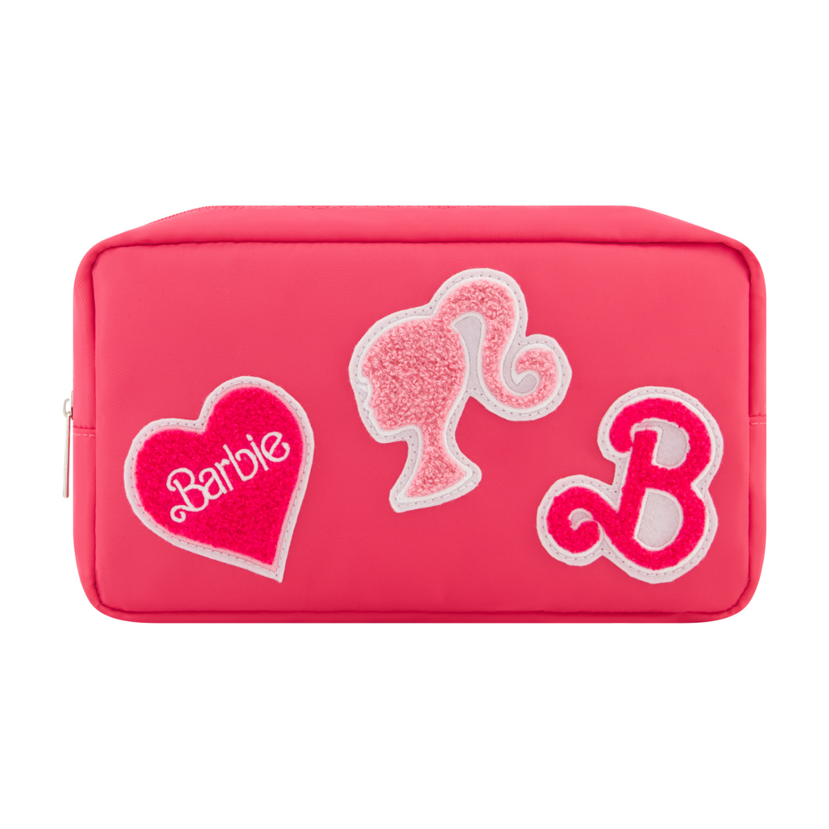 vibrant pink, compact and stylish bag adorned with adorable terry appliqués featuring iconic Barbie symbols, including a heart with "Barbie" name, classic silhouette, and the signature B logo with zip closure front view