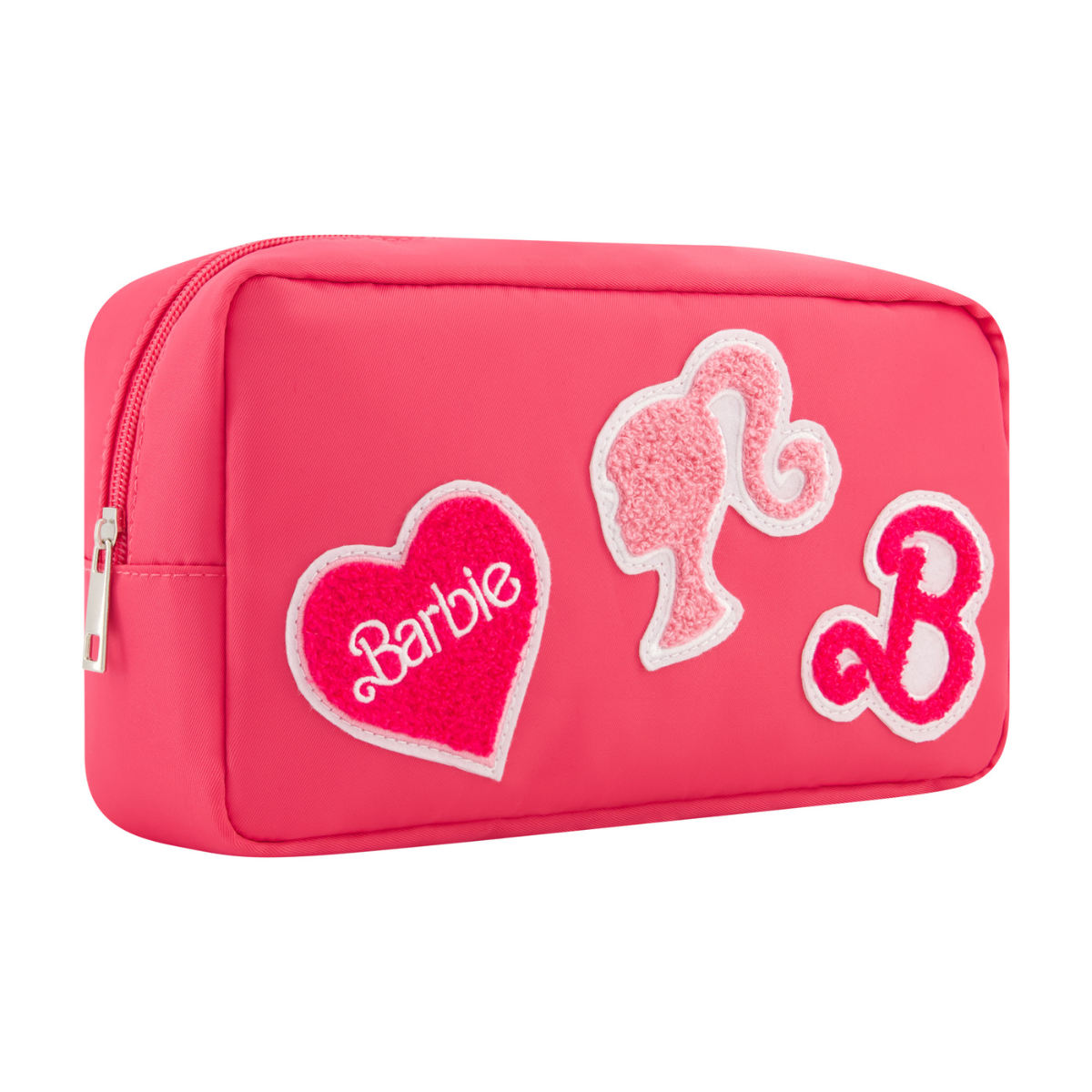 vibrant pink, compact and stylish bag adorned with adorable terry appliqués featuring iconic Barbie symbols, including a heart with "Barbie" name, classic silhouette, and the signature B logo with zip closure left angle