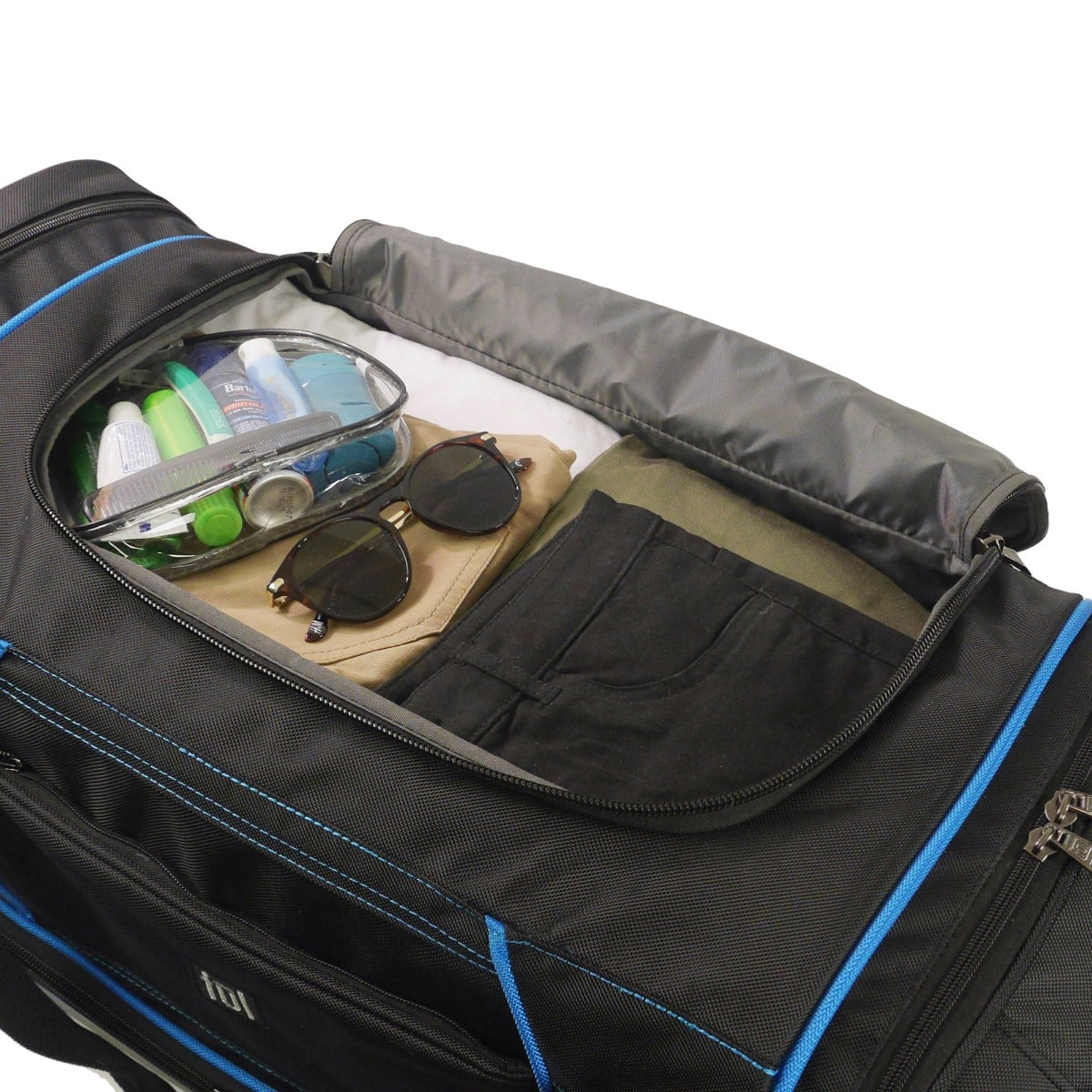Ful Workhorse 30" oversized split level wheeled rolling duffle bag in black with blue details