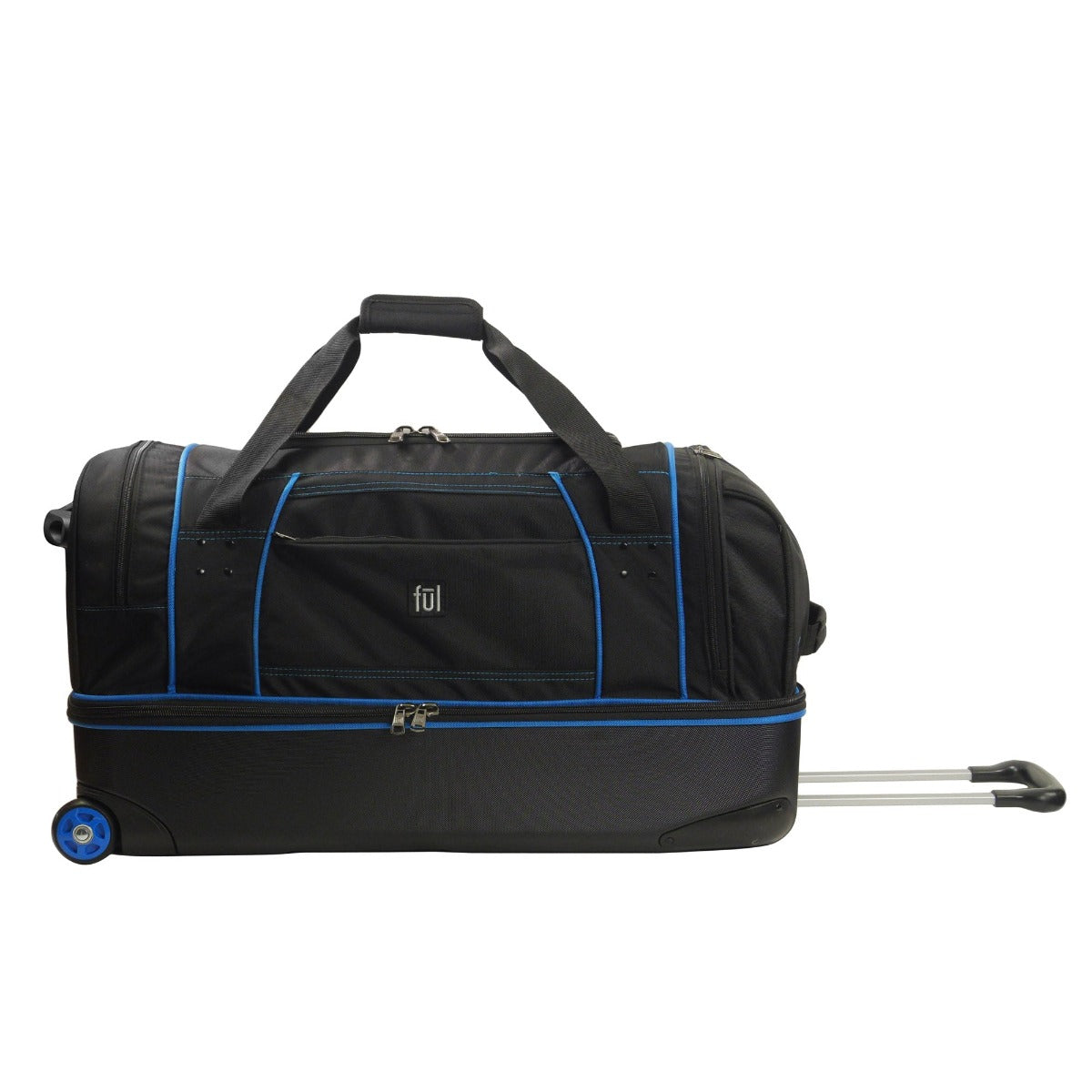 Black with blue wheels Ful Workhorse 30 inch extra-large split level wheeled rolling duffle bag